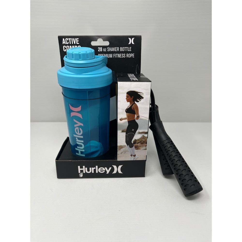 Hurley Active Combo 28 oz Shaker Bottle and Premium Fitness Rope Set Blue Black
